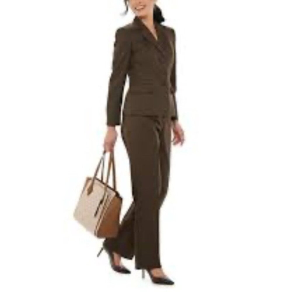 Le Suit Pant Suit 14P 14 P Brown Blazer Pant Stretch Classic 3 Button W Pockets